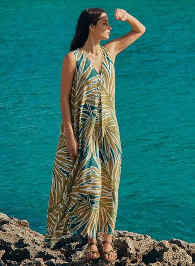 Linen Blend Sleeveless V Neck Maxi Swing Dress