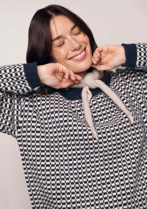 Alpaca Blend Micro Check Funnel Neck Jumper