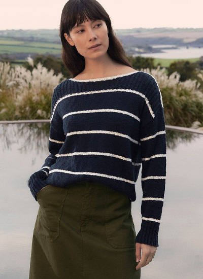 Linen Blend Stripe Boat Neck Jumper