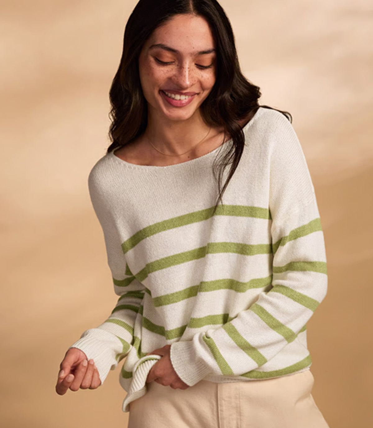 Organic Cotton Blend Gauzy Boat Neck Jumper (lime stripe)