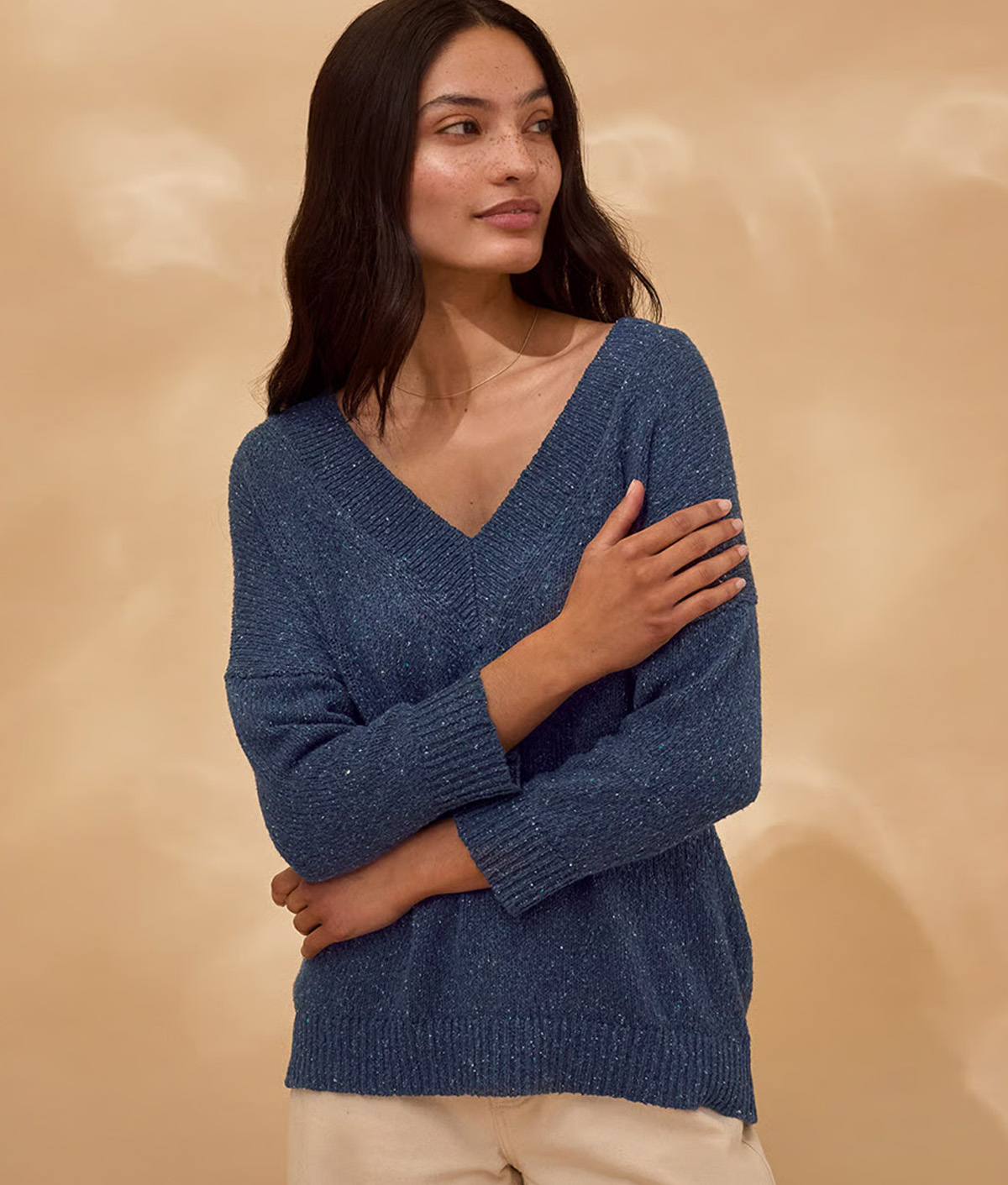 Flecked Cotton Silk Blend V Neck Jumper (mid blue)