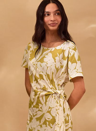 Linen Blend Knot Detail Dress (moss floral)