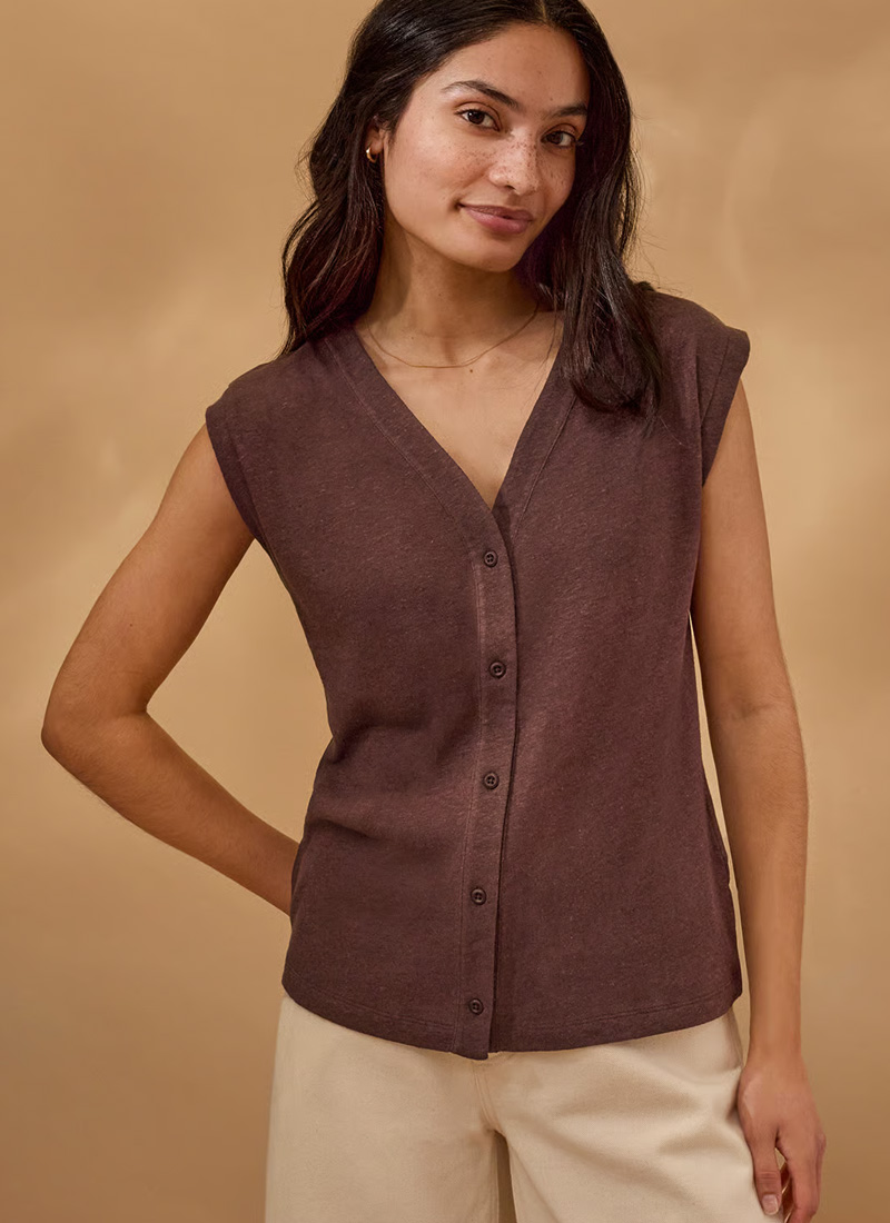 Linen Blend Button Through Top (chocolate brown)