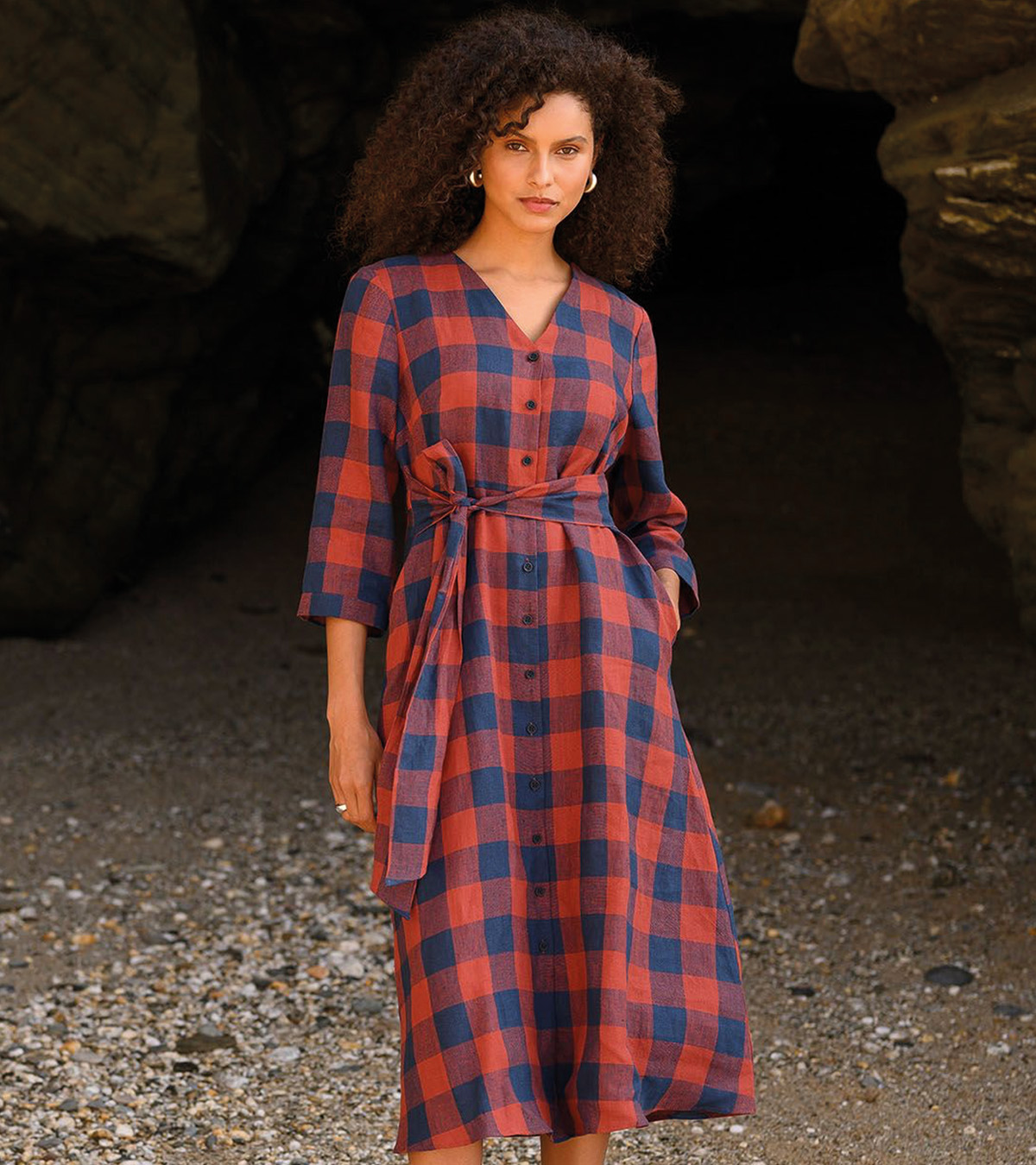 Check Tie Front Midi Shirt Dress