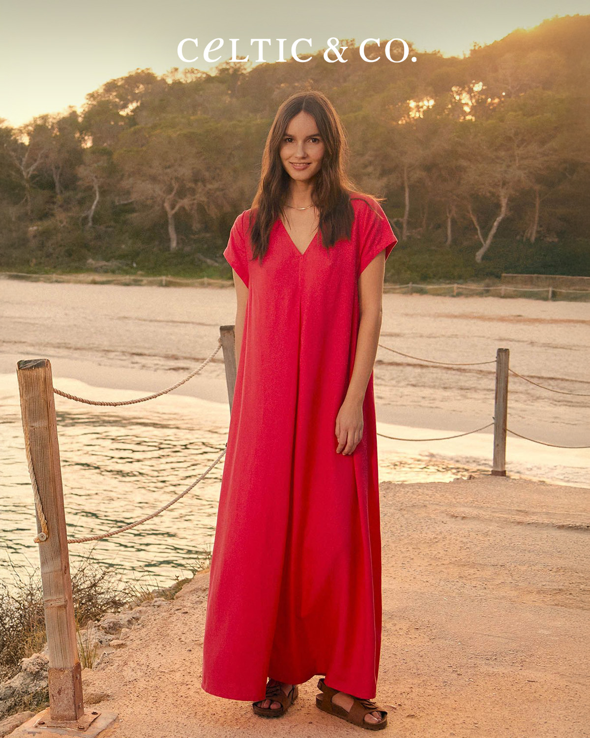 Linen Blend V Neck Maxi Swing Dress