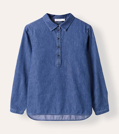 Curved Hem Half Placket Shirt (indigo midwash)