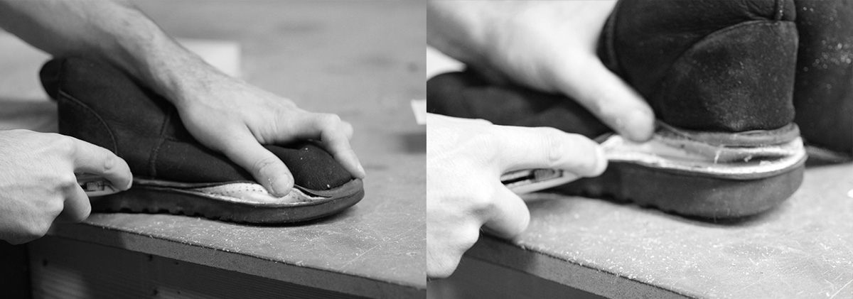 Black and white image of worker resoling a sheepskin boot