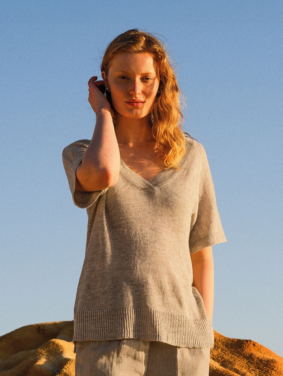 Linen Blend V Neck Slouch Knitted Top
