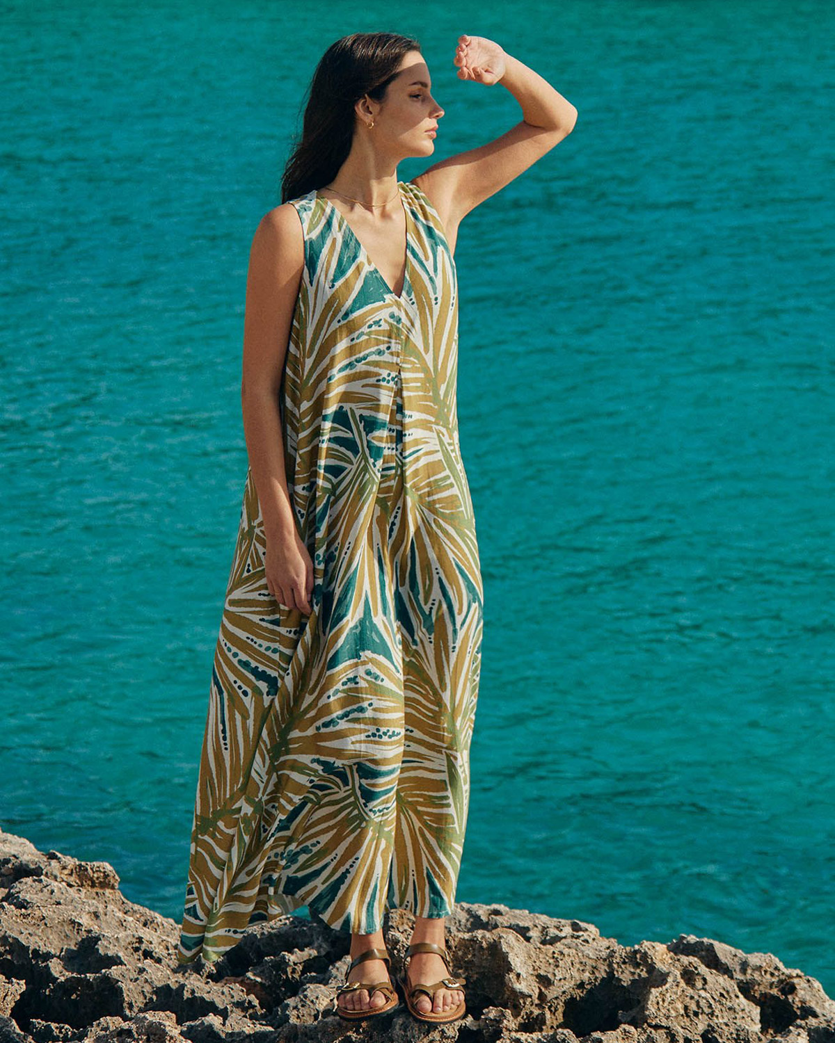 Linen Blend Sleeveless V Neck Maxi Swing Dress