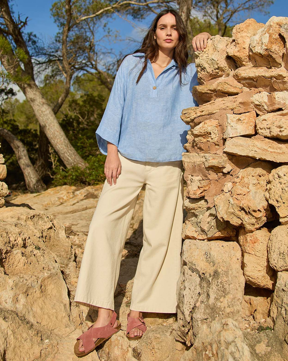Pure Linen Collared Popover Top