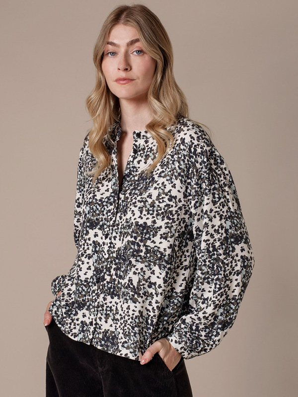 Printed Drop Shoulder Collarless Shirt (ecru confetti print)