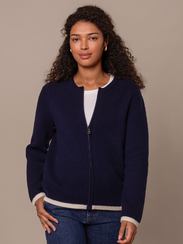 Zip Through Knitted Jacket (dark navy tipped)