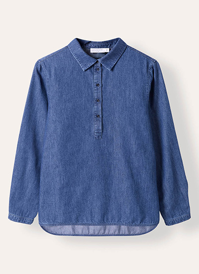 Curved Hem Half Placket Shirt (indigo midwash)