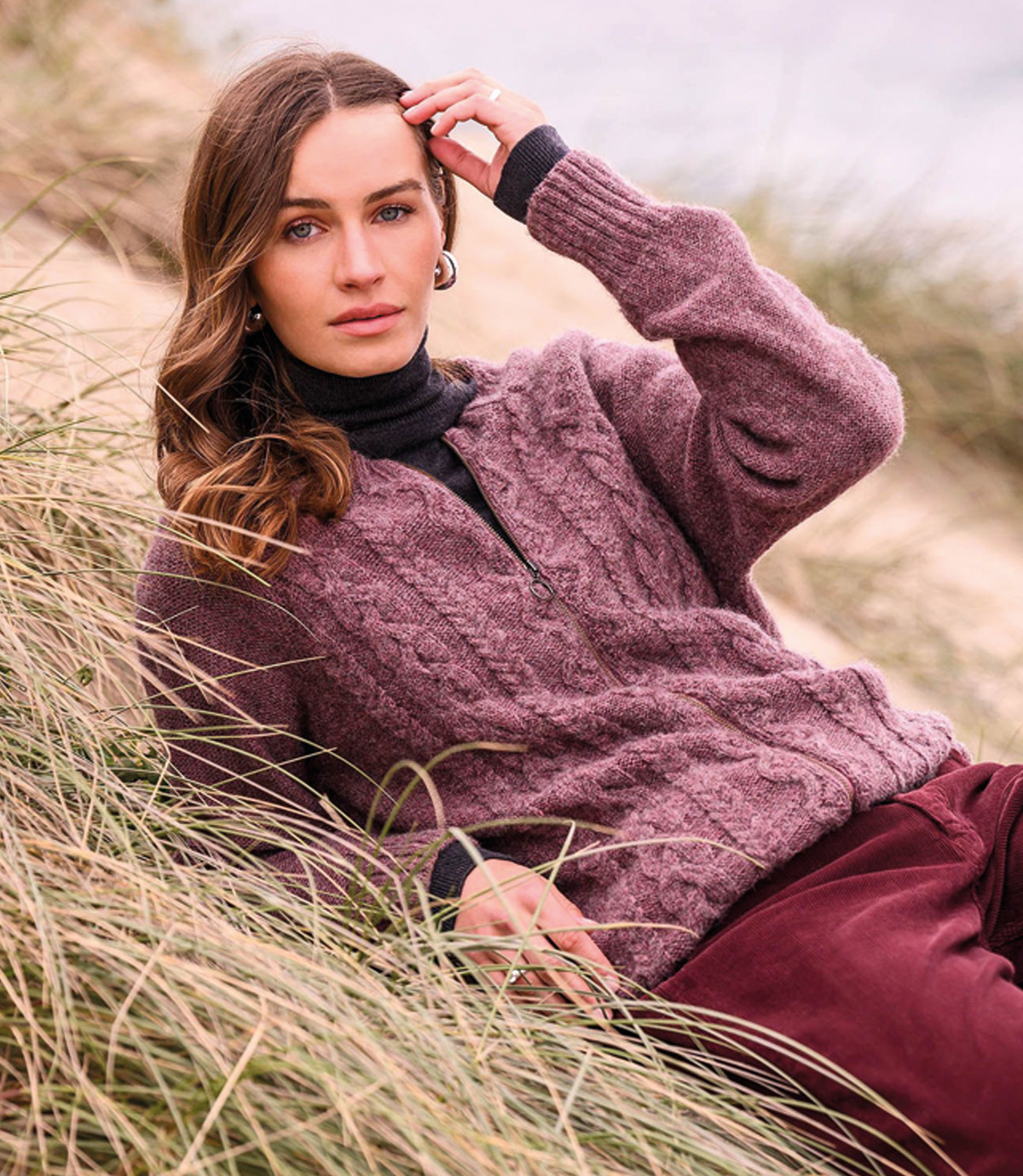 British Cable Zip Cardigan (dark rose)
