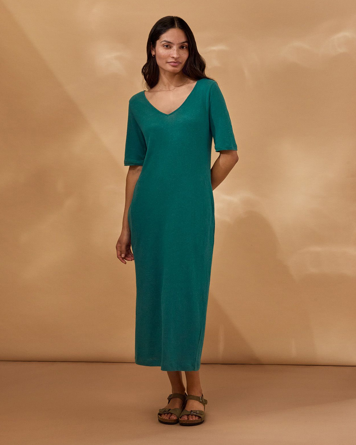 Linen Blend V Neck Midi Dress