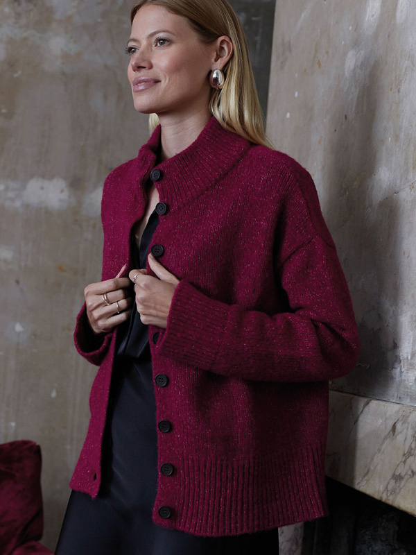 Alpaca / Silk Blend Funnel Neck Cardigan (raspberry)