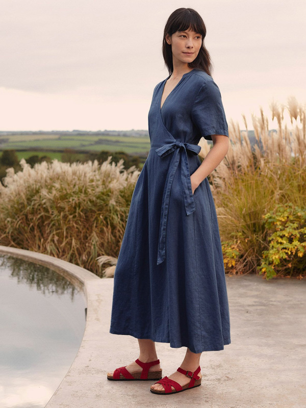 Linen Blend Wrap Midi Dress