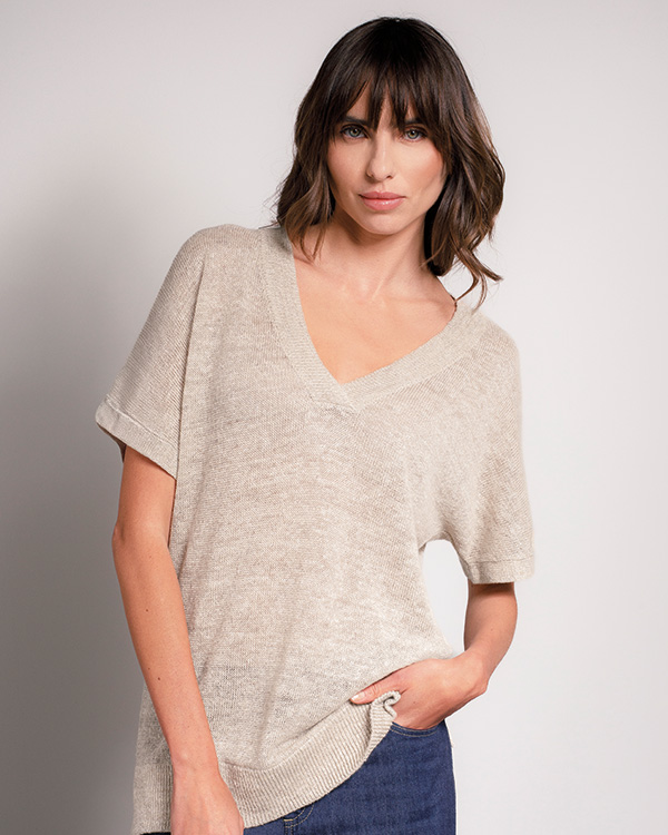 Linen Blend V Neck Slouch Knitted Top