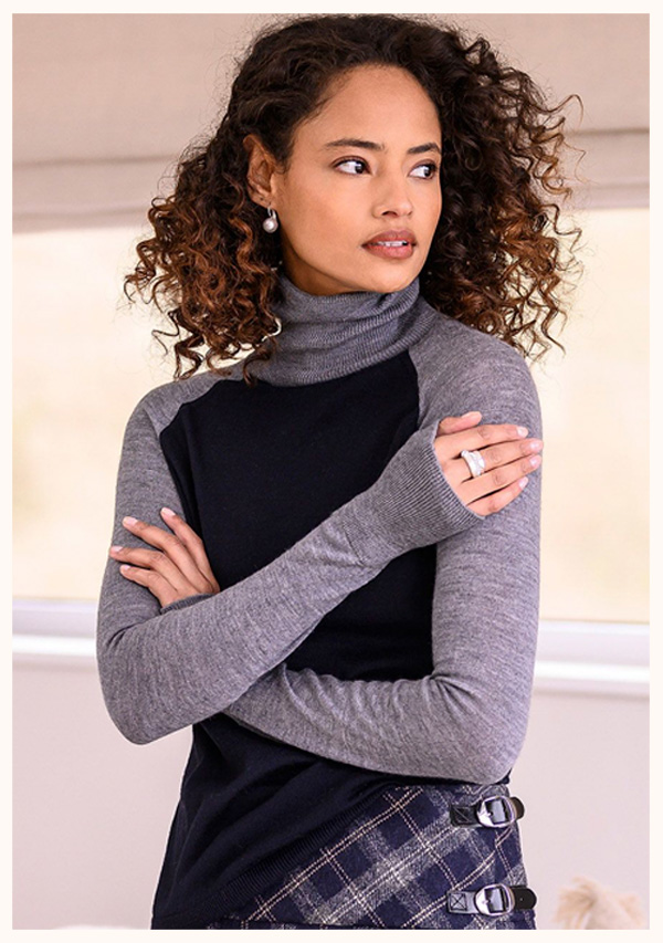 Merino Roll Neck Jumper (navy / grey)