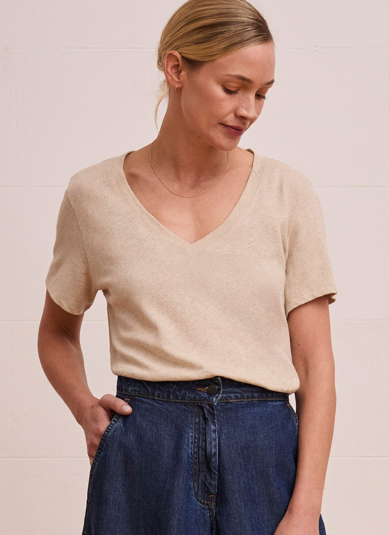 Linen Blend V Neck T Shirt