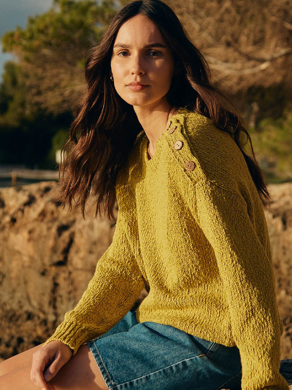 Linen Blend Slub Knit Button Detail Jumper