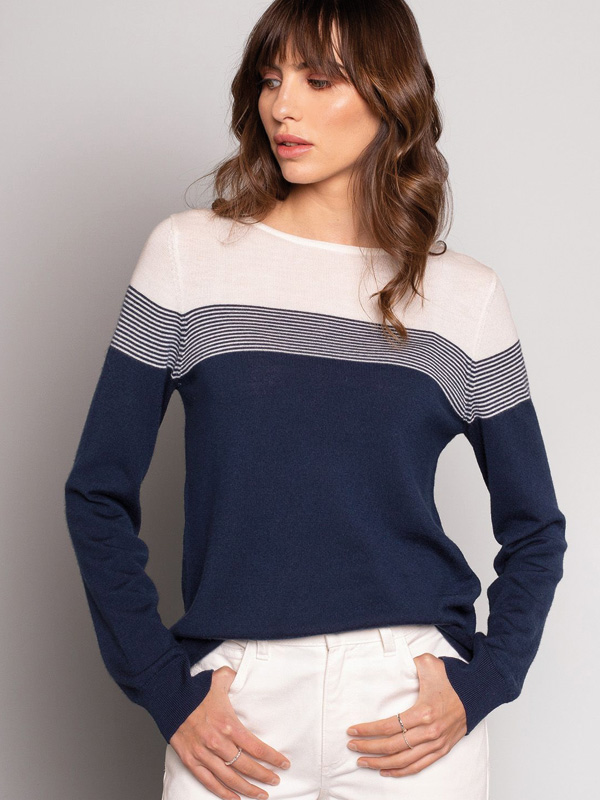 Merino Fine Knit Boat Neck Jumper (navy / ecru)