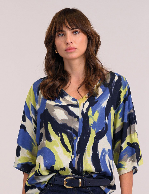 V Neck Button Through Drape Blouse