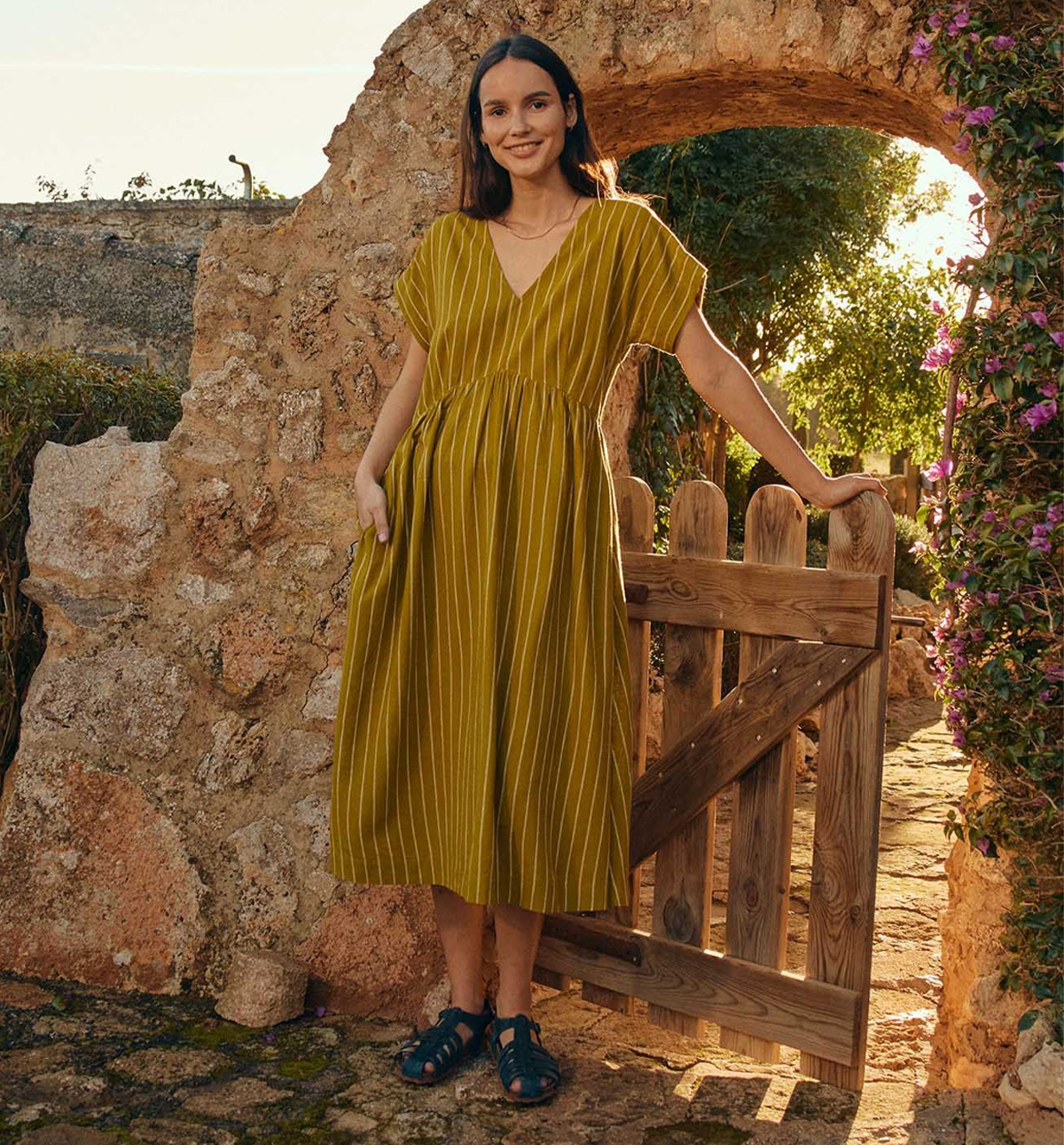 Wrap Waist Stripe Midi Dress