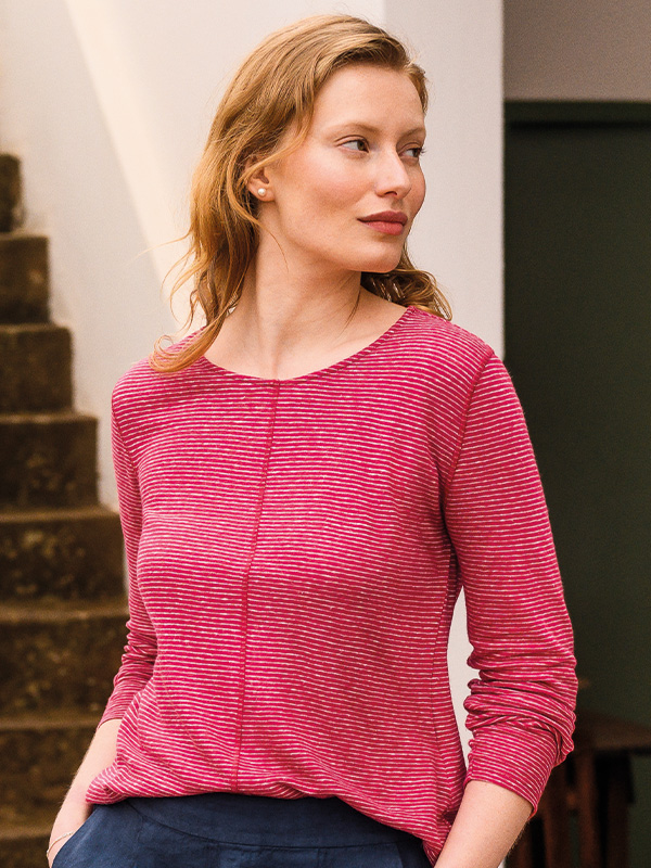 Linen/Cotton Long Sleeve Top in Raspberry Stripe
