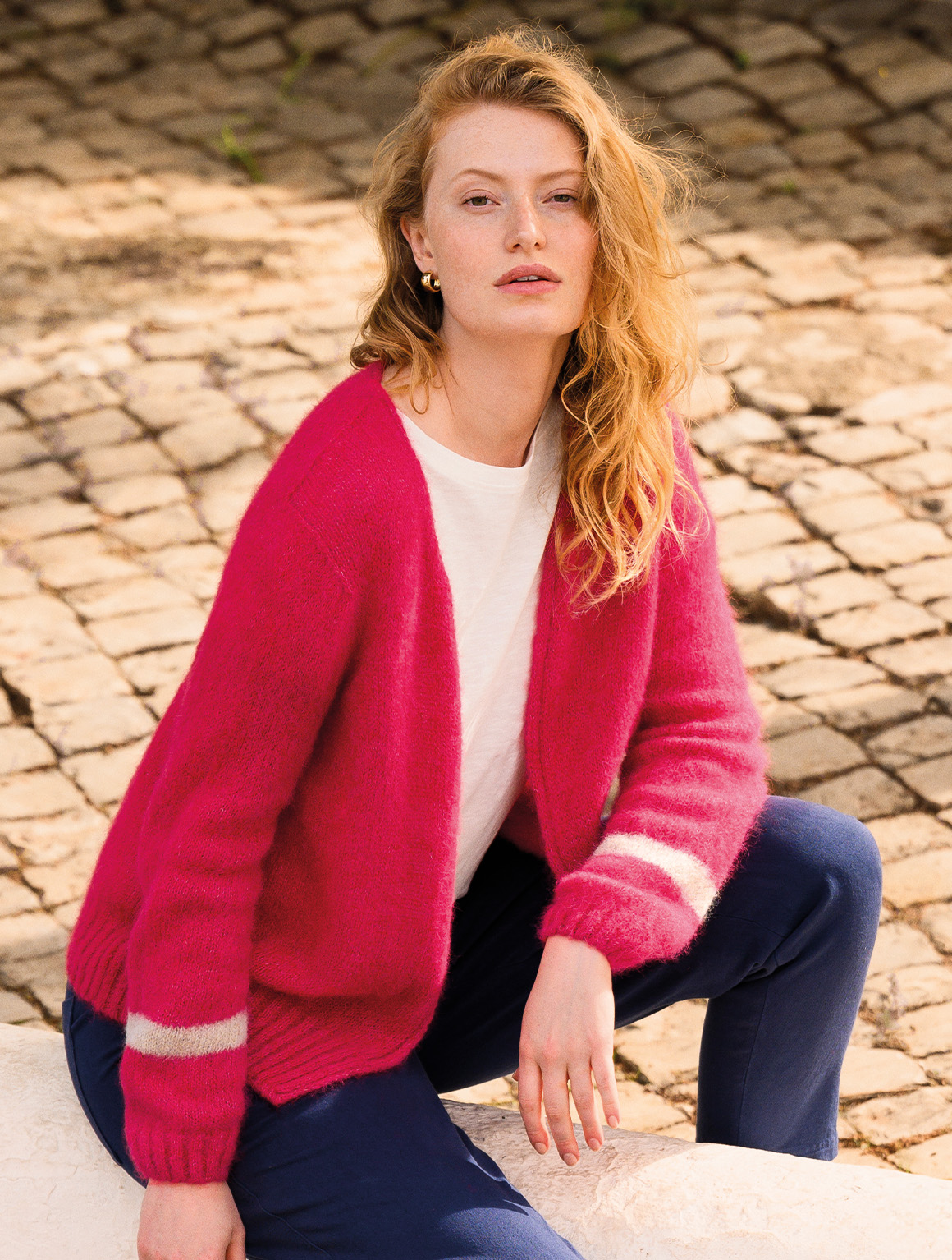 Alpaca Cotton Slouch Cardigan in Raspberry/Oatmeal