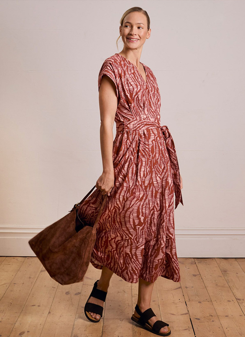 Linen Blend Pleat Waist Midi Dress