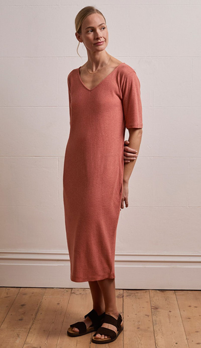 Linen Blend V Neck Midi Dress
