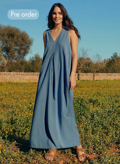 Linen Blend Sleeveless V Neck Maxi Swing Dress