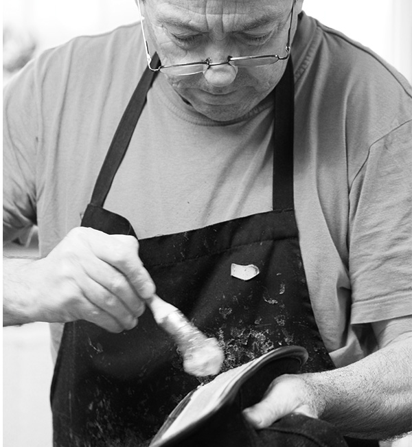 Glueing the sole of a sheepskin boot