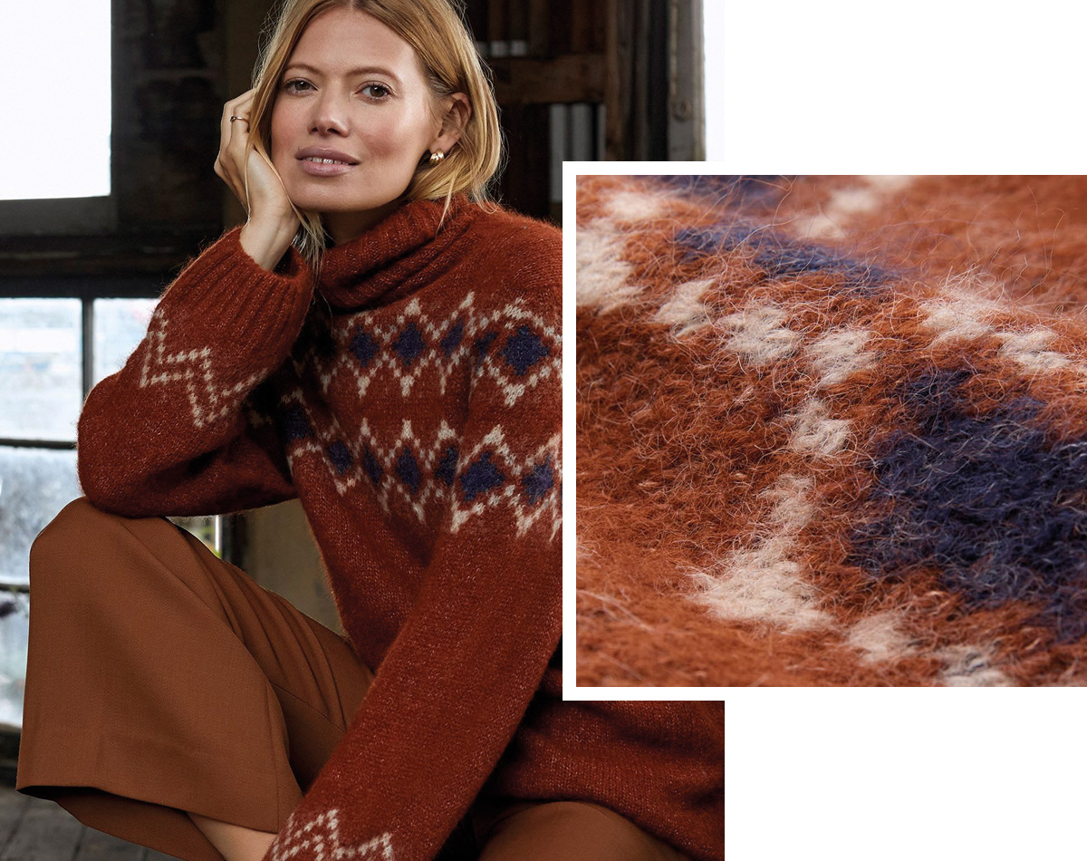 Alpaca Blend Slouch Roll Neck Fair Isle Jumper (rust)