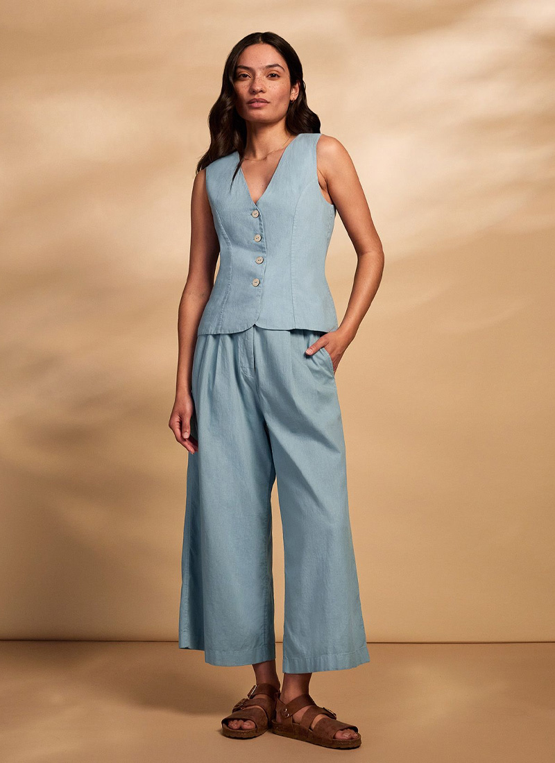 Linen Blend Pleat Front Crop Trouser