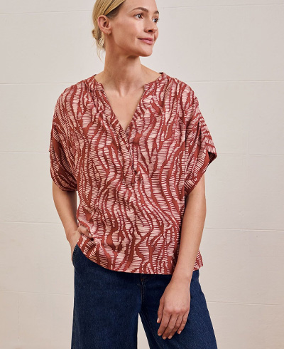 Linen Blend Printed Drop Shoulder Top