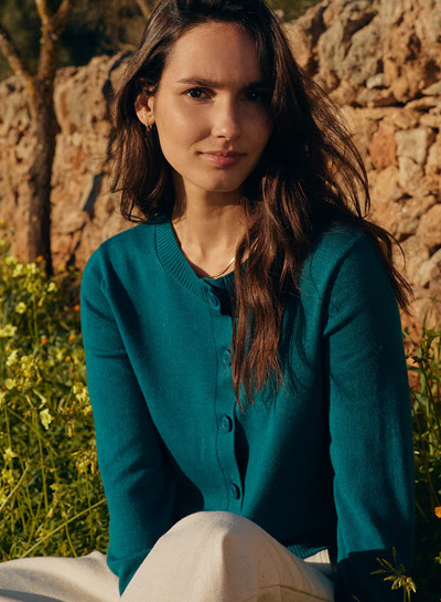 Merino Blend Fine Knit Crew Neck Cardigan (teal)