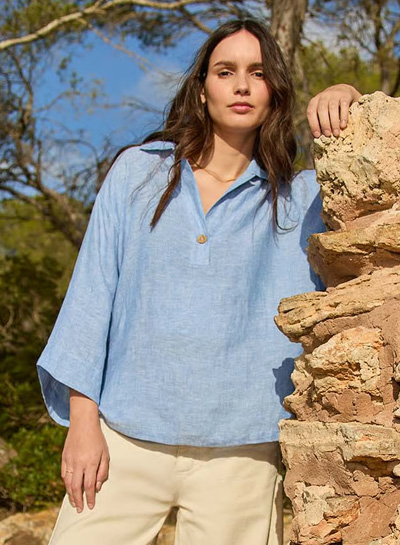 Pure Linen Collared Popover Top (vintage blue)
