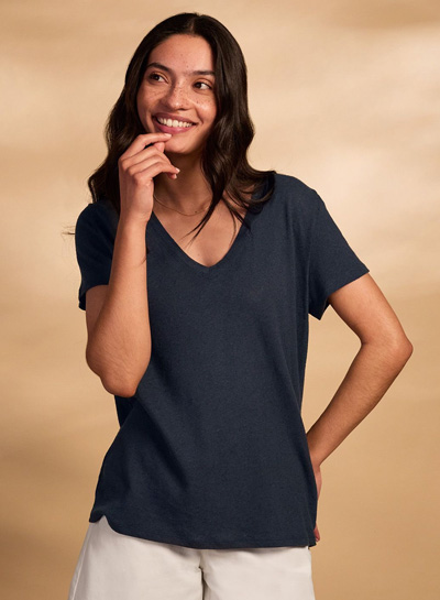 Linen Blend V Neck T Shirt