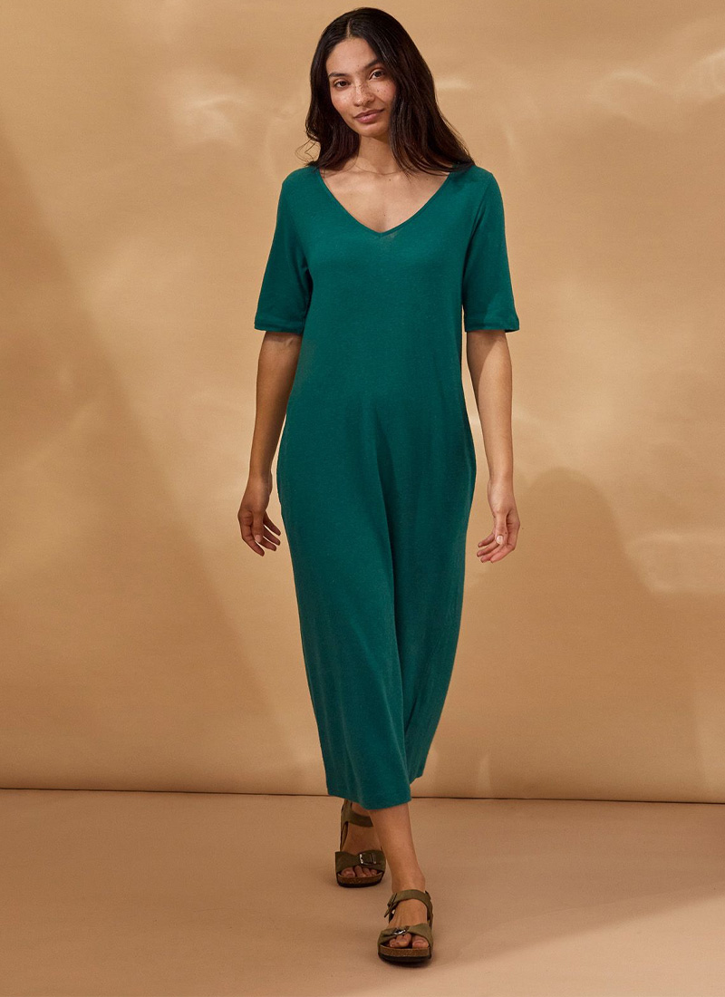 Linen Blend V Neck Midi Dress