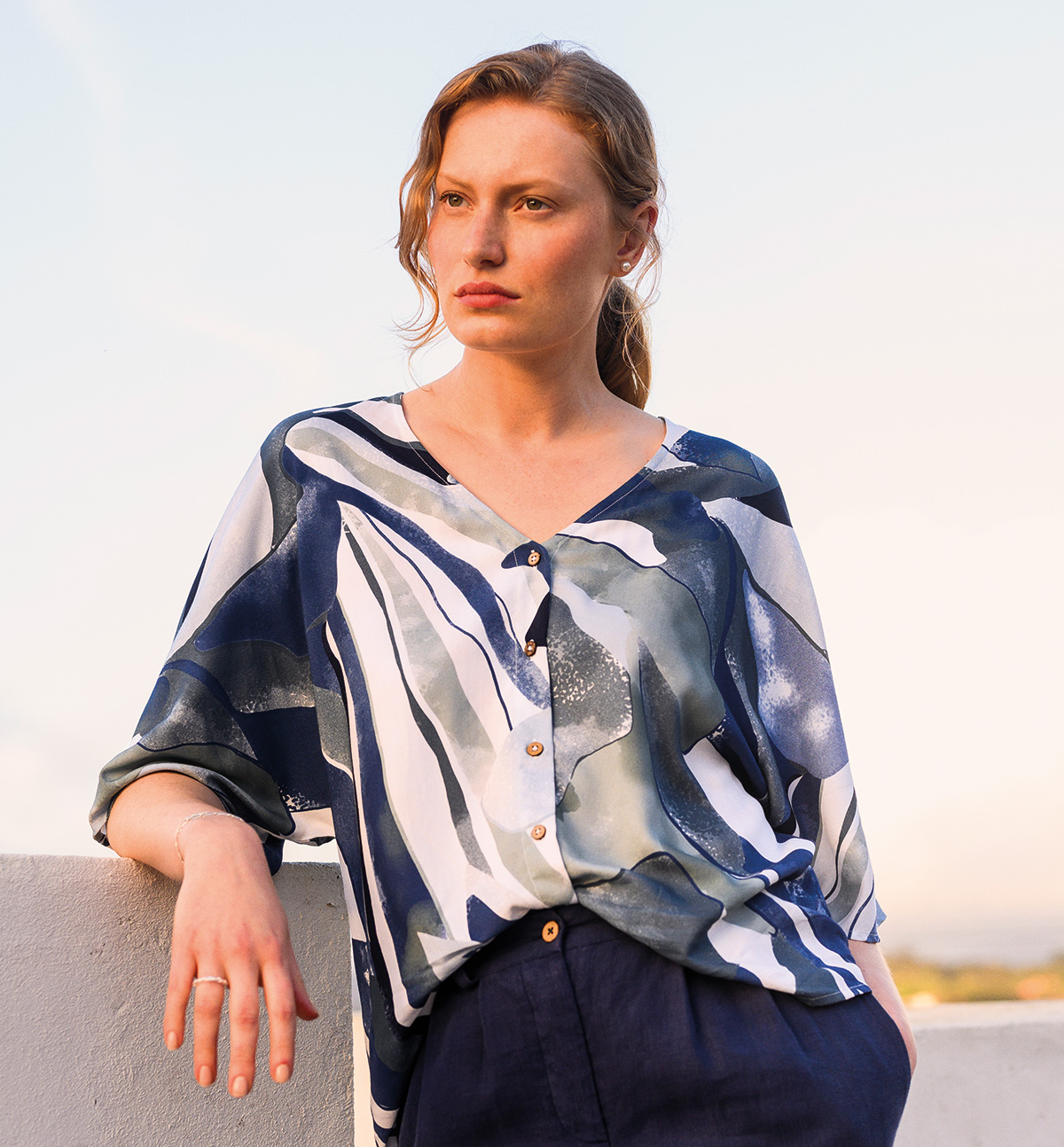 V Neck Button Through Drape Blouse