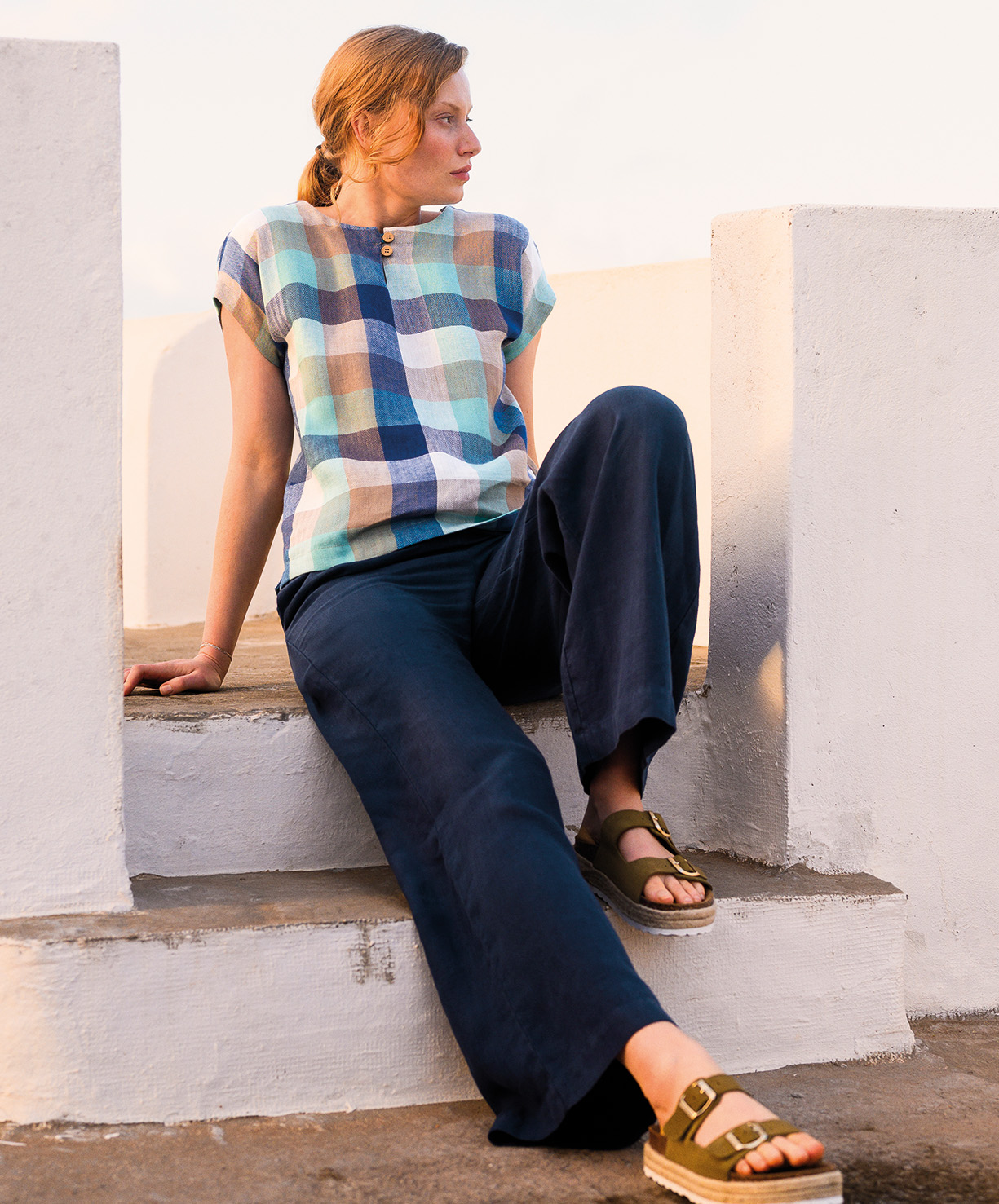 Linen Button Detail Top in Sea Glass Check