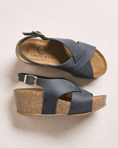 Leather Crossover Wedge Sandals (dark navy)