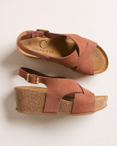 Leather Crossover Wedge Sandals (tan)
