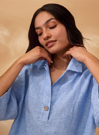 Pure Linen Collared Popover Top