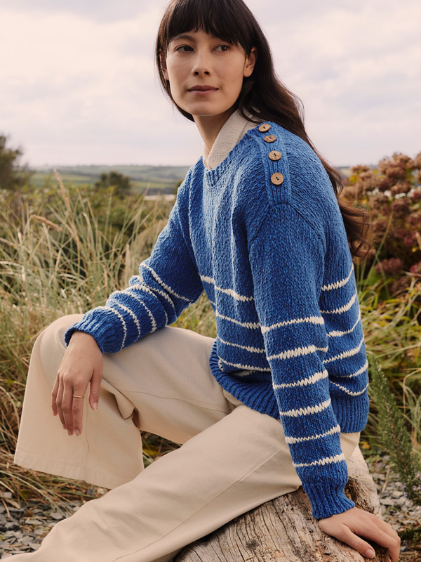 Linen Blend Drop Stitch Breton Jumper (lapis / ecru)