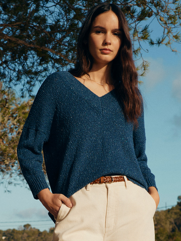 Flecked Cotton Silk Blend V Neck Jumper (mid blue)
