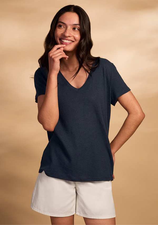 Linen Blend V Neck T Shirt