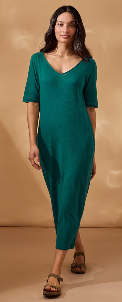 Linen Blend V Neck Midi Dress